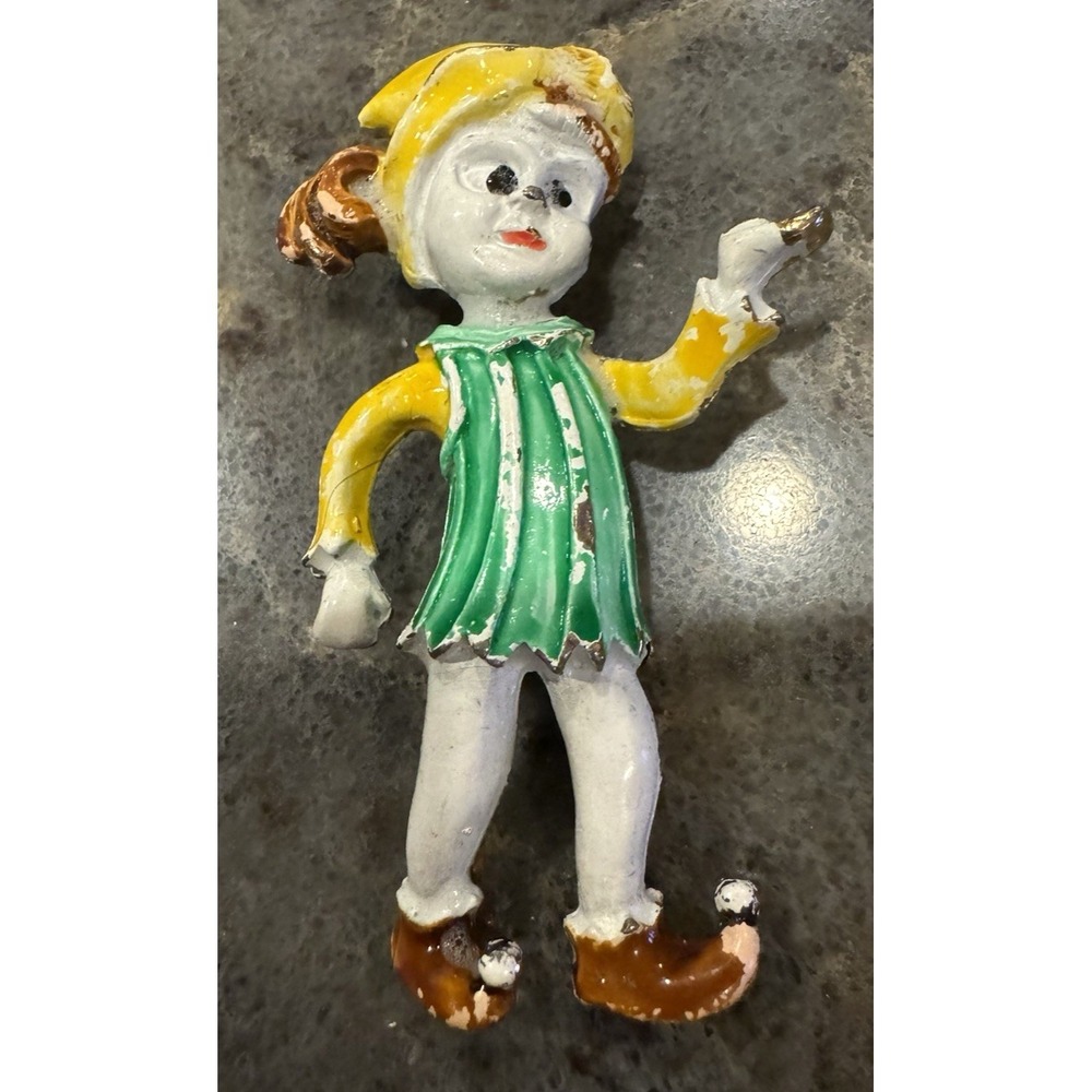 Vintage Figural Brooch Mid Century Hand Painted Enamel Elf Pixie Costume Pin